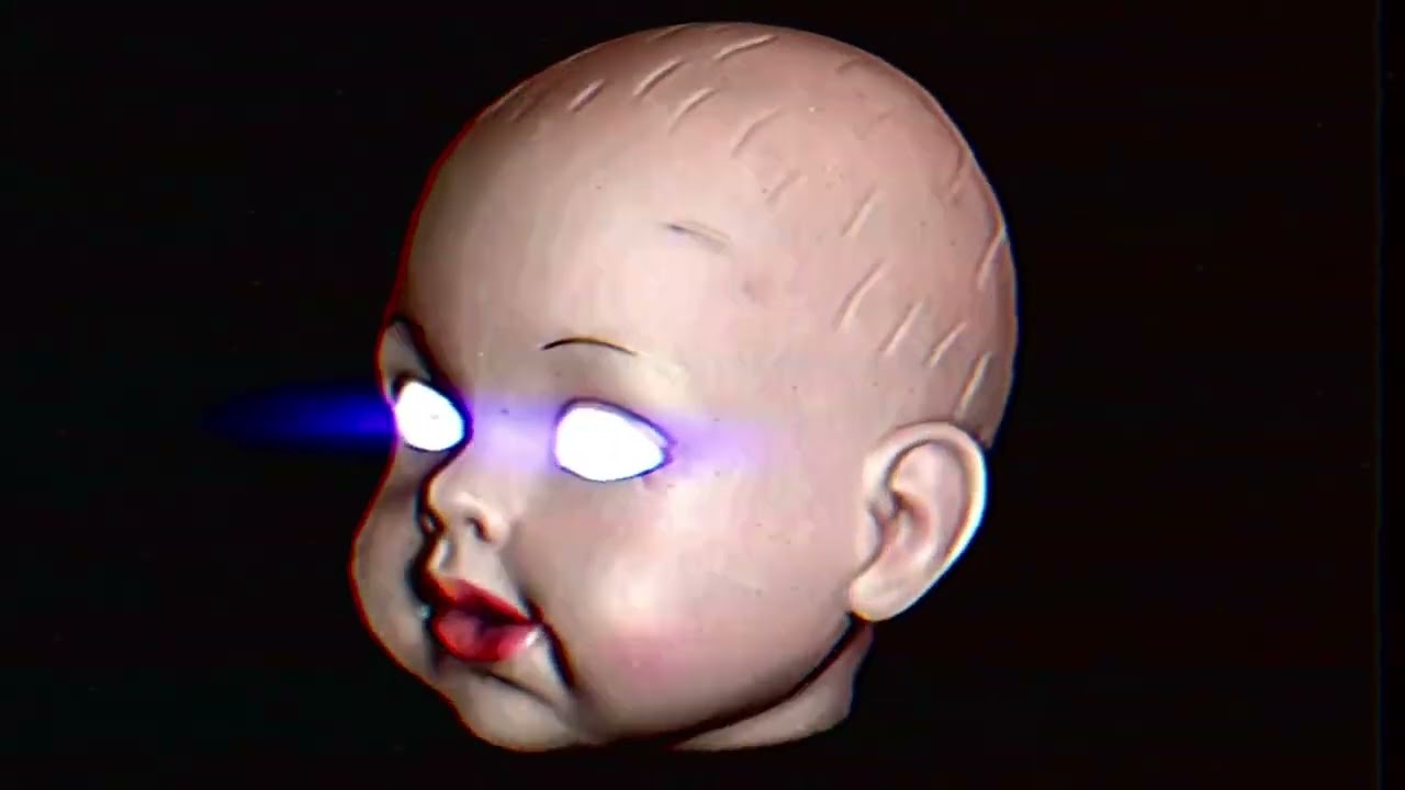Hologram Creepy Spinning Doll Head VHS Animation Horror Loop GIF (LIGHT EYE BALLS) Black Background
