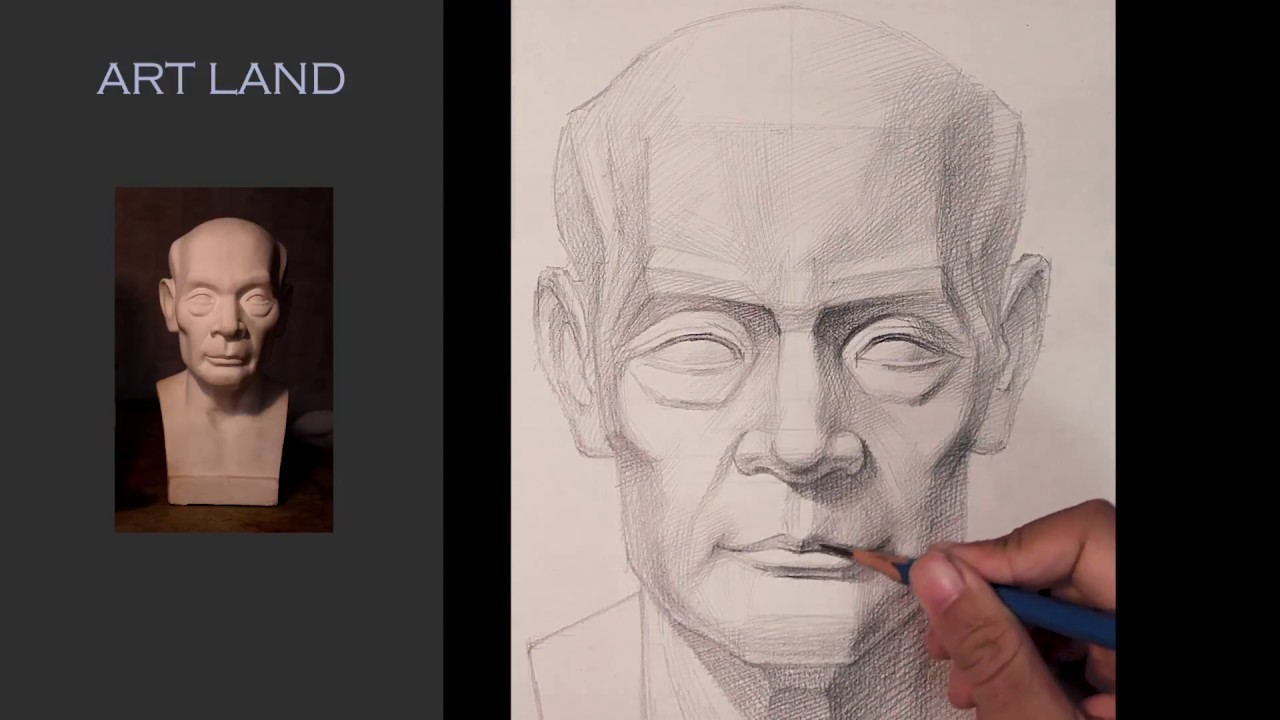 Hướng dẫn lên bóng đầu tượng thạch cao Nam Trung Niên góc chính diện - Lớp dạy vẽ Art Land