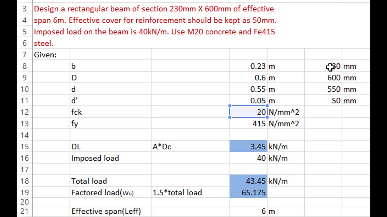 Design of doubly reinforced beam using excell