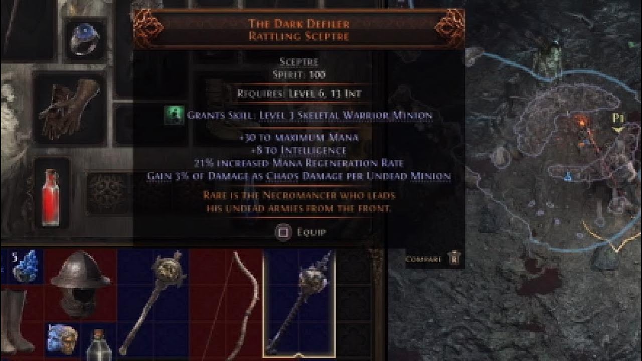 Path of Exile 2 PS5 The Dark Defiler New Unique Scepter 3% Extra Damage as Chaos Per Undead Minion