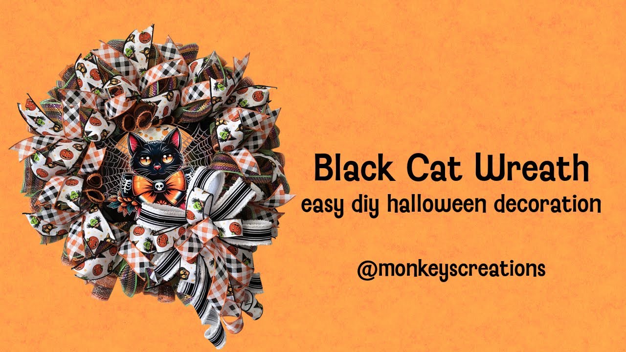 Простой венок с чёрной кошкой своими руками: мастер-класс #howto #halloween #dollartree