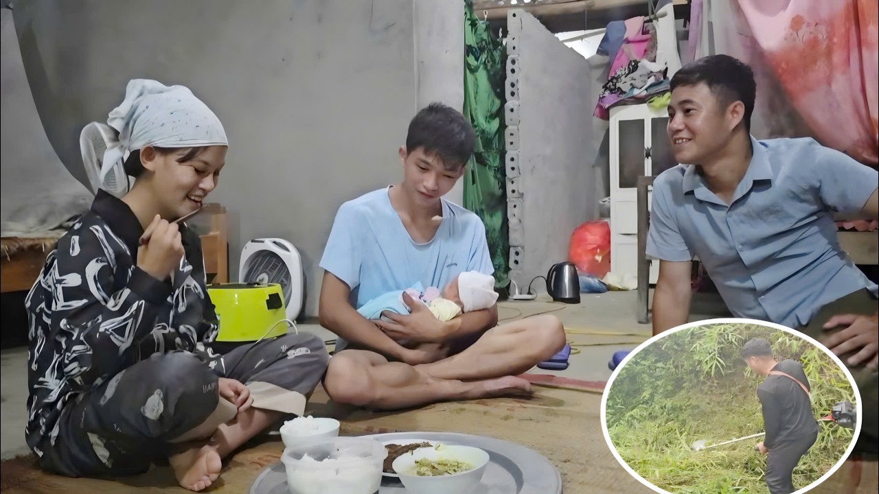 After clearing away the weeds, he went to visit Linh; seeing her happy, he felt very glad.