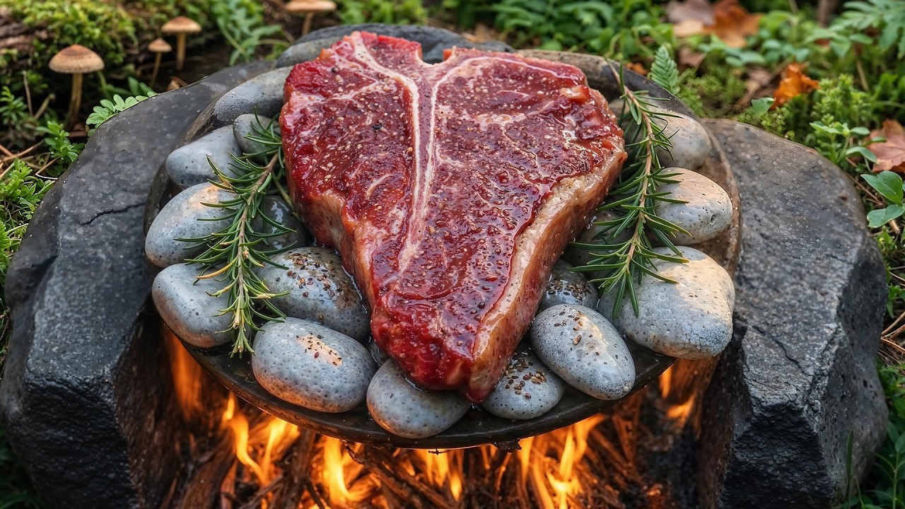 Cheesy Fiorentina Steak on Hot Stones 🔥 Bushcraft Cooking in the Forest