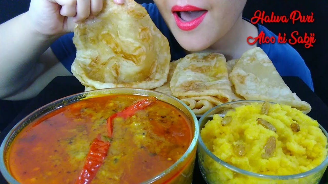 ASMR:Eating Halwa Puri & Aloo ki Sabji | Aloo ki Sabji Recipe | Spicy Food Eating Show | ERSA ASMR