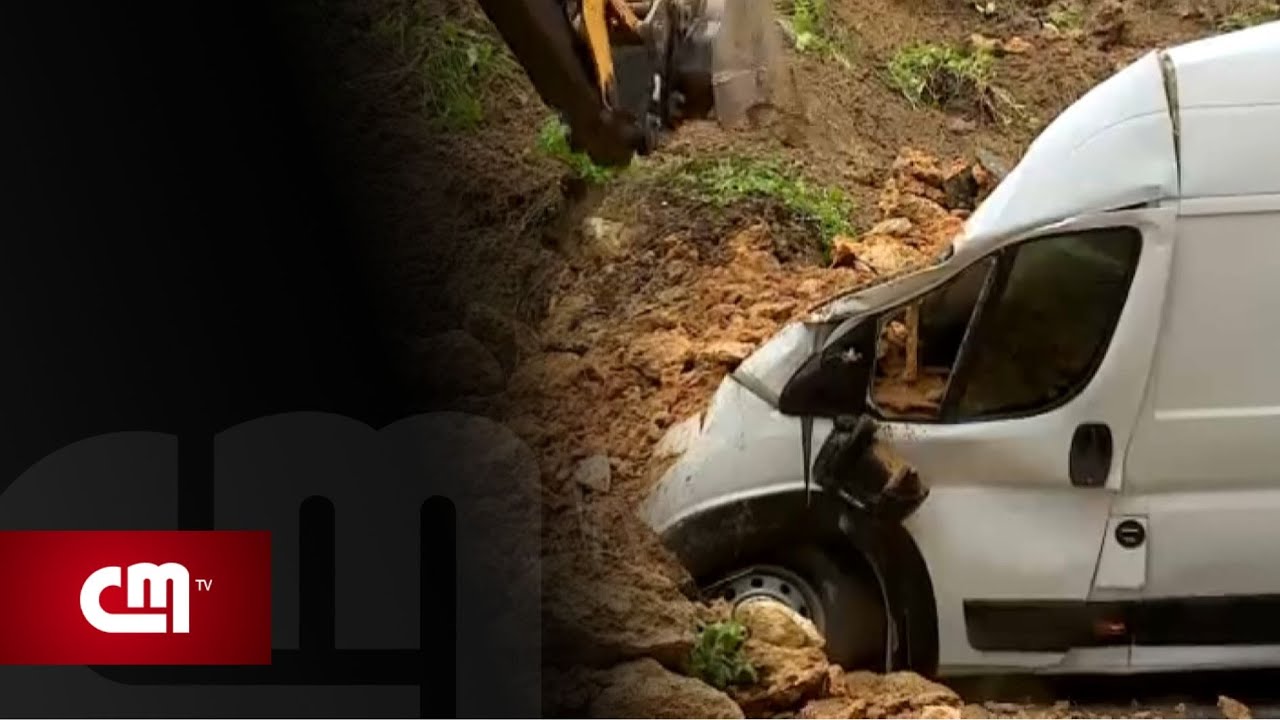 Muro desaba e destrói carrinha em Almada. Veja as imagens