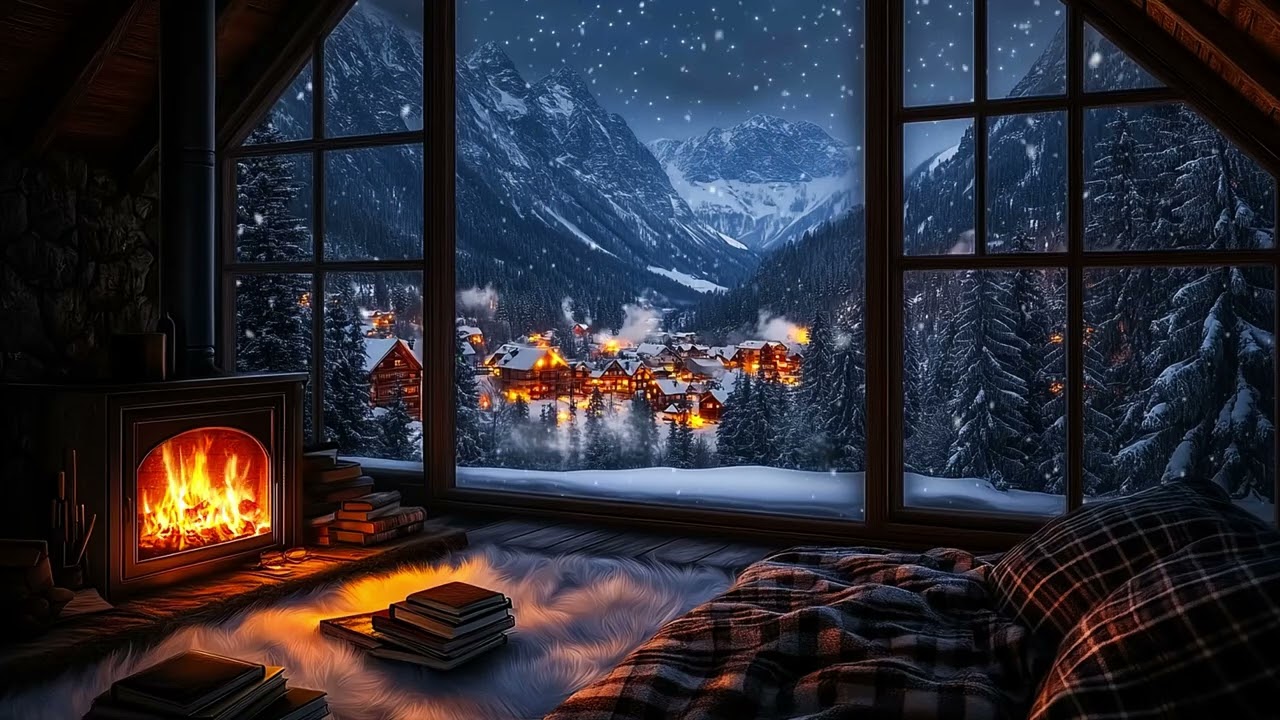 Cozy Winter Cabin Night Ambience ❄️ | Crackling Fireplace & Gentle Snowfall Sounds for Stress Relief