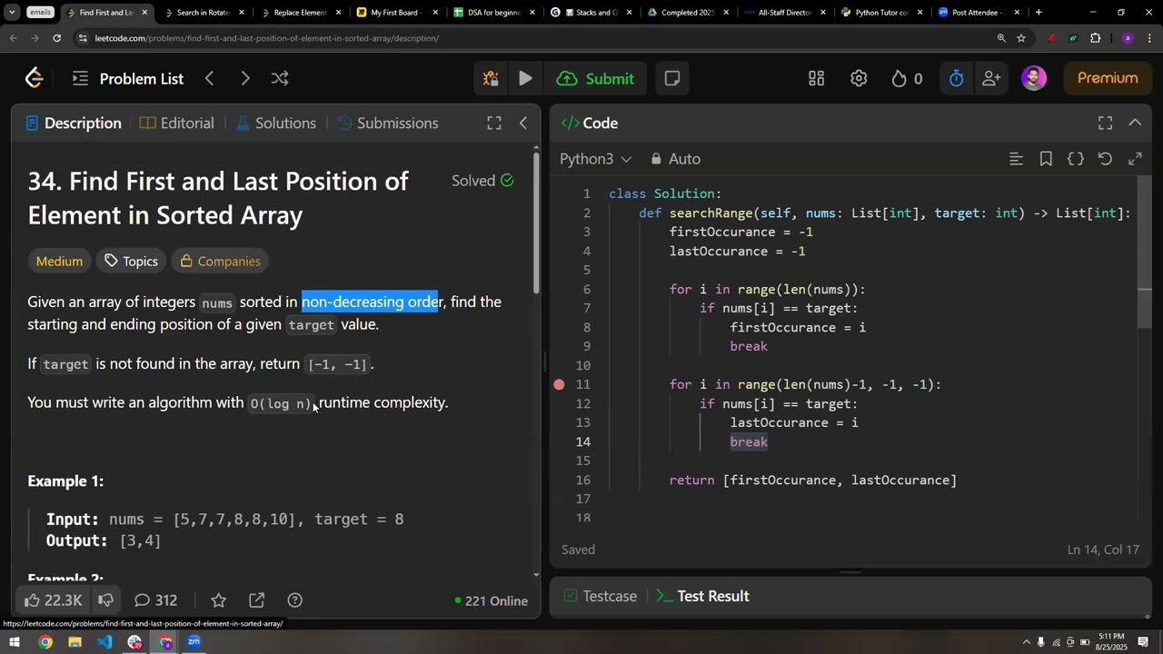 Lecture 11: Binary Search | Find First and Last Position of elements in Sorted Array (Leetcode 34)
