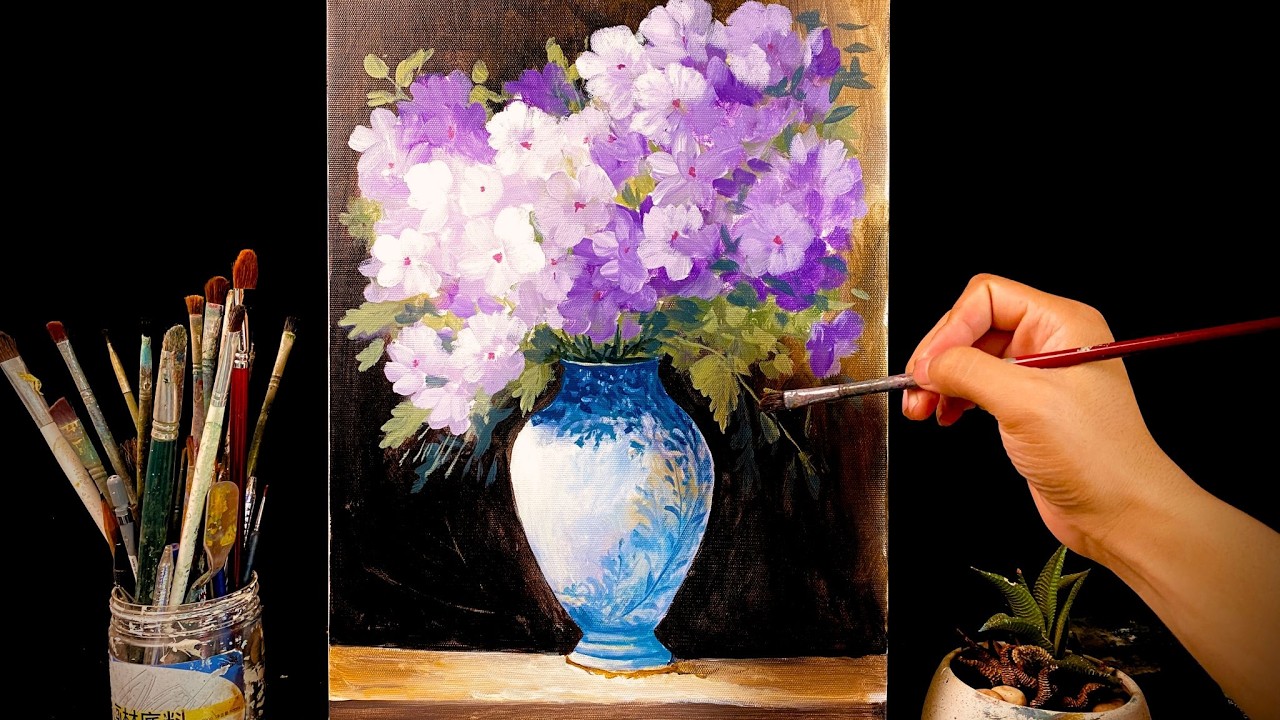 Painting a Beautiful Bouquet of Bright Flowers in a Vase  #111 / Acrylic Painting / Huy Hội Họa ART