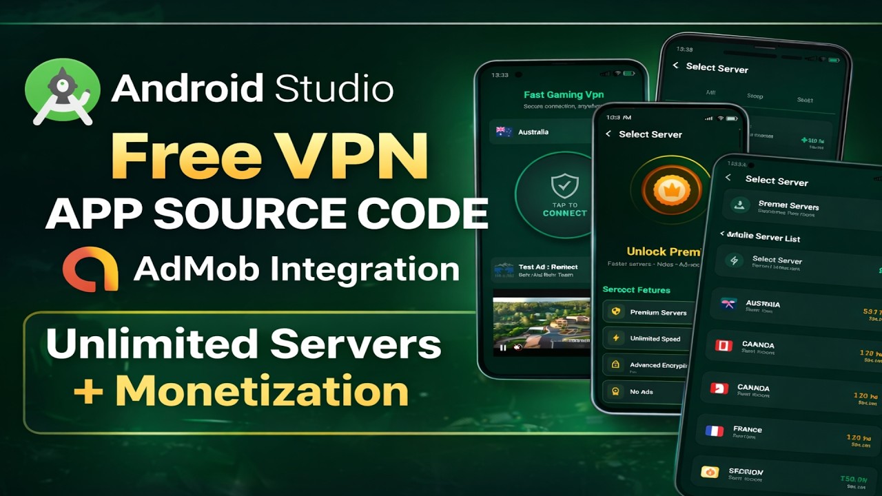 Free VPN APP SOURCE CODE | Android Studio | Add Unlimited Free Servers | Admob Ads