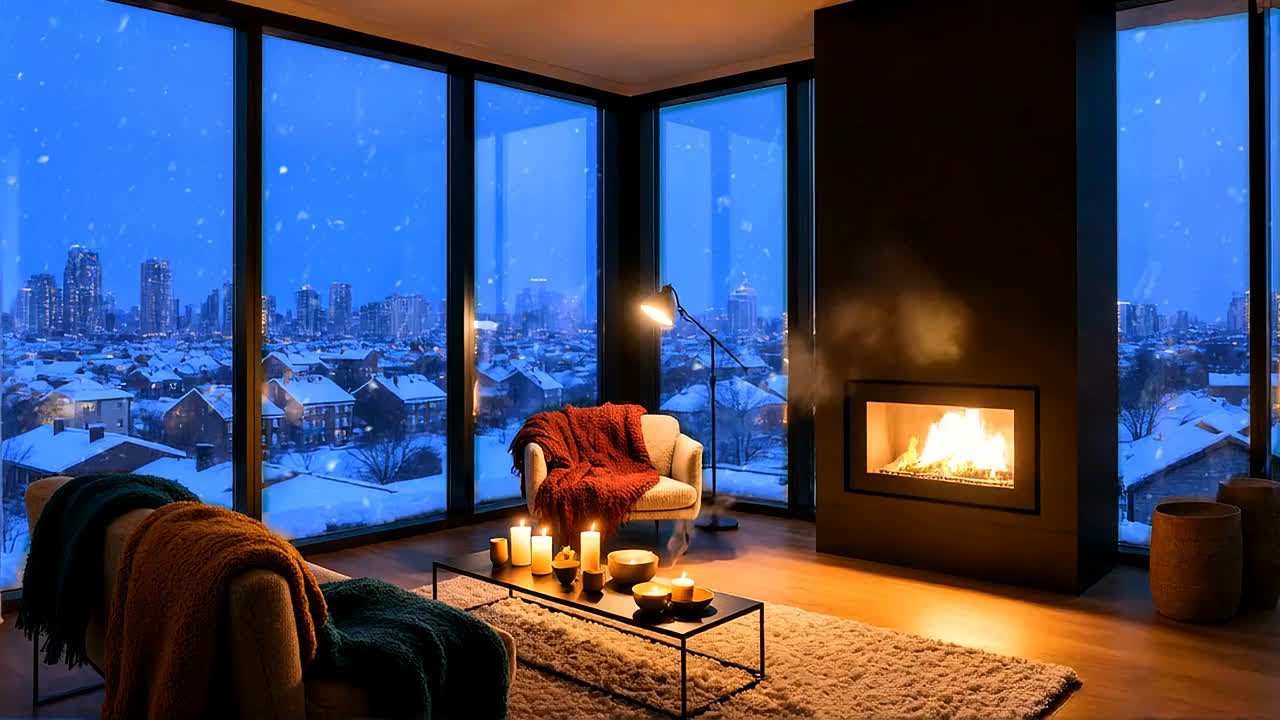 Cozy Winter Fireplace with Snowy City View Ambience for Focus and Relax - Calm Night 05