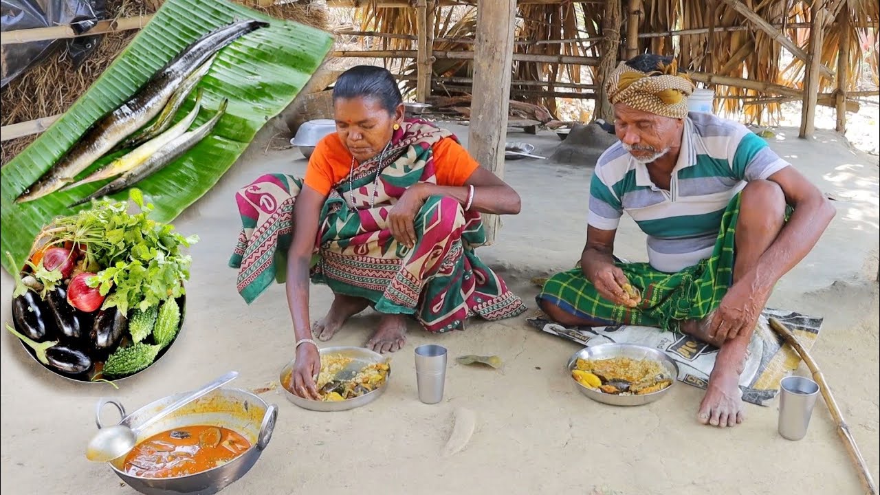 Fish curry with fresh vegetables cooking&eating by our santali tribe grandma