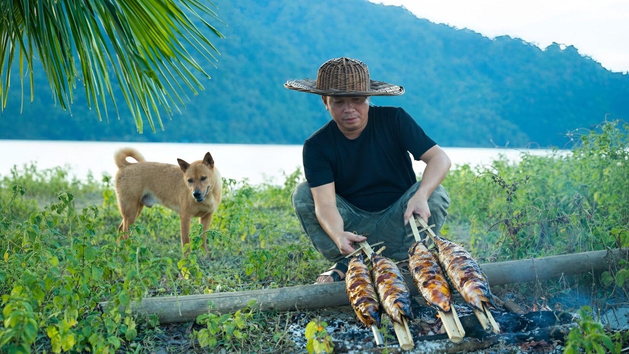Exploring the forest for natural food - Fishing, grilling fish outdoors, wilderness survival