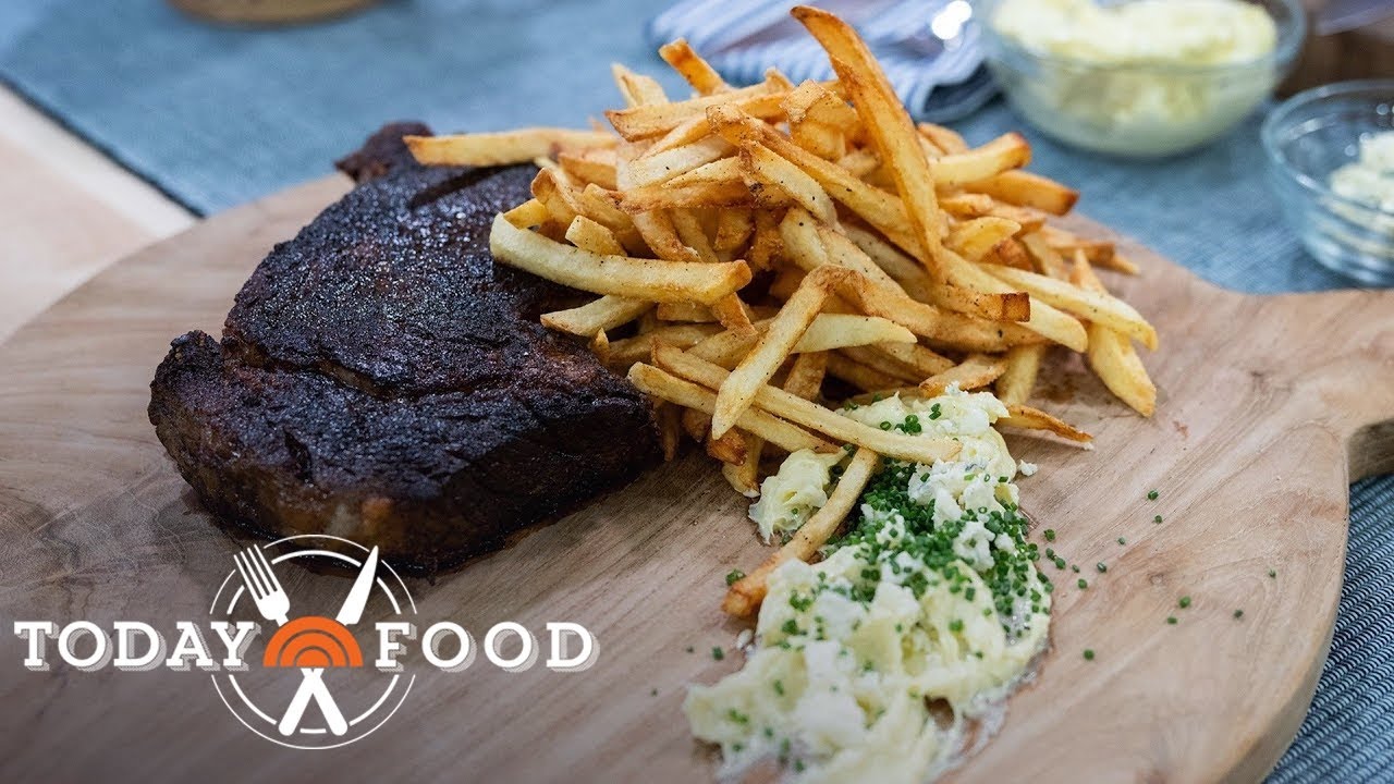 Bobby Flay serves up rib-eye steak frites with blue cheese butter