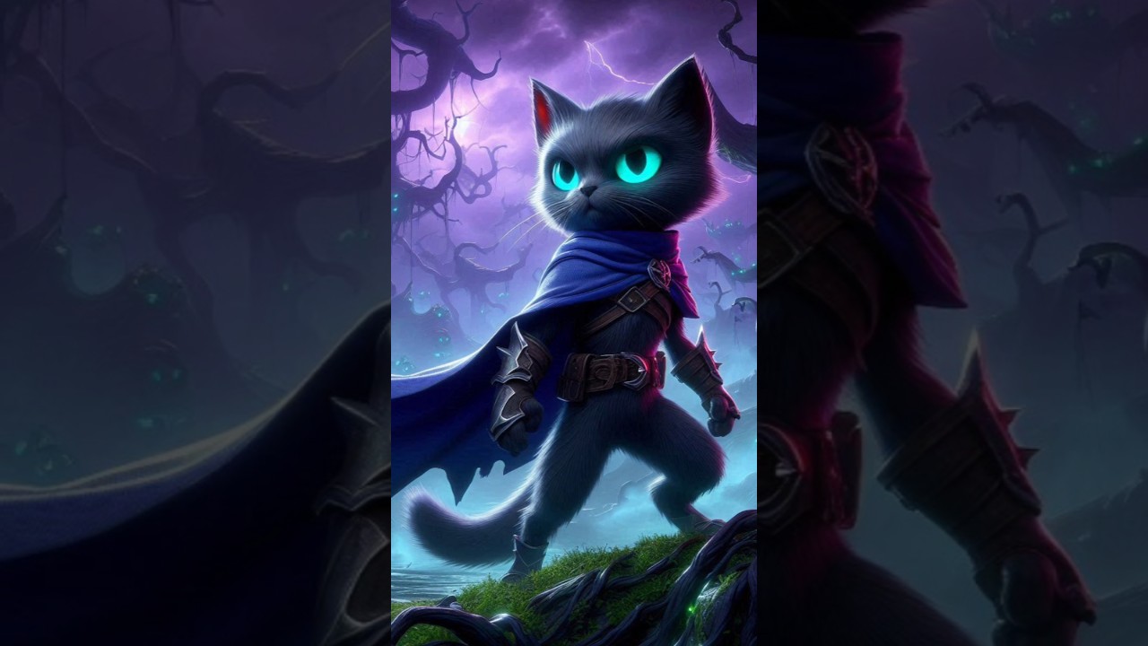 Super hero cat in magical forest 