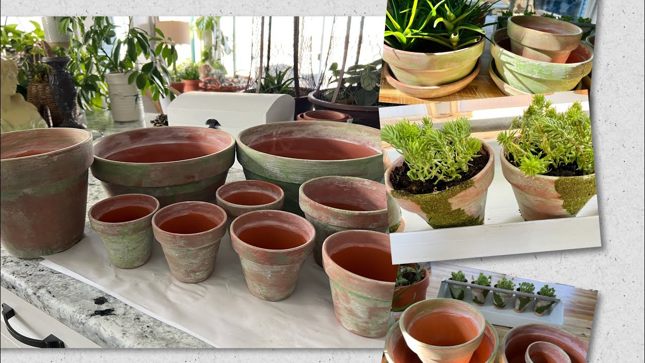 Aging terracotta pots with powdered moss and paint | Distressing terracotta pots faster 🪴🪴🪴
