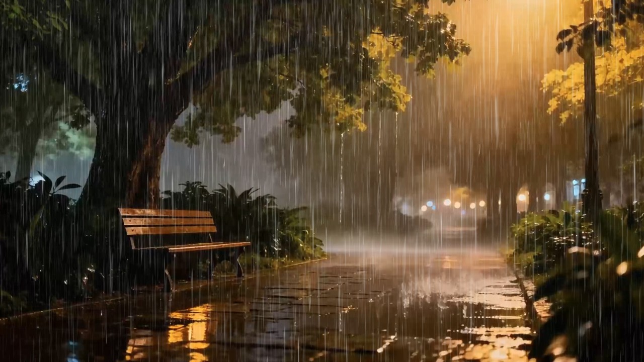Heavy Rain Sounds at Night Through Silent City Park Cedar Alley for Anxiety Relief | Gentle ASMR