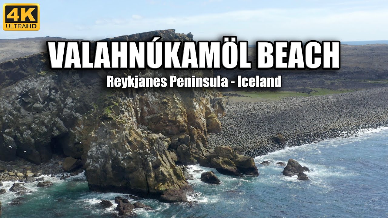 Valahn&uacute;kam&ouml;l beach - Reykjanes Peninsula | Boulder beach with big rounded stones | 4K Drone Footage