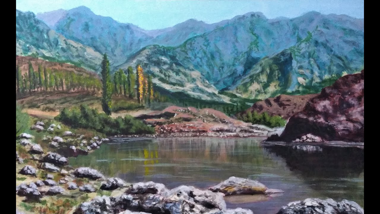 Como pintar reflejos en aguas calmas, en un paisaje montañoso, con acrilicos.
