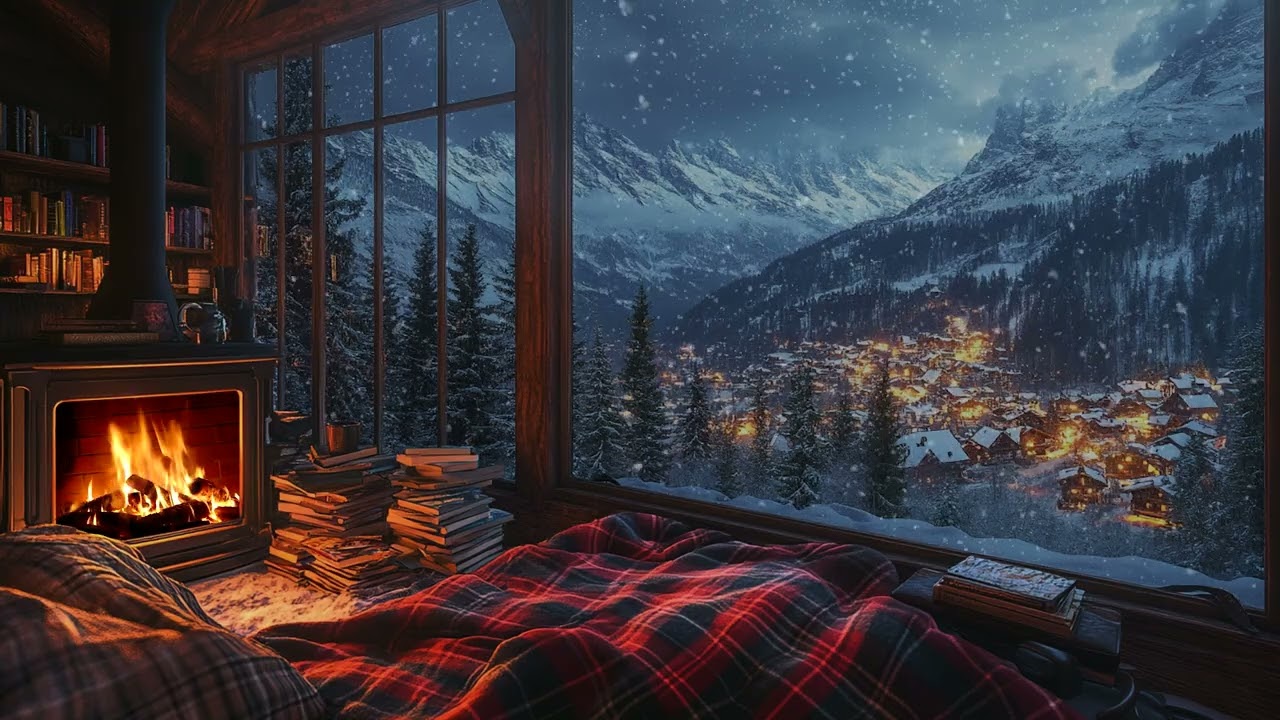 Warm and Cozy Winter Haven: Crackling Fireplace and Snowfall Outside for Relaxation and Comfort
