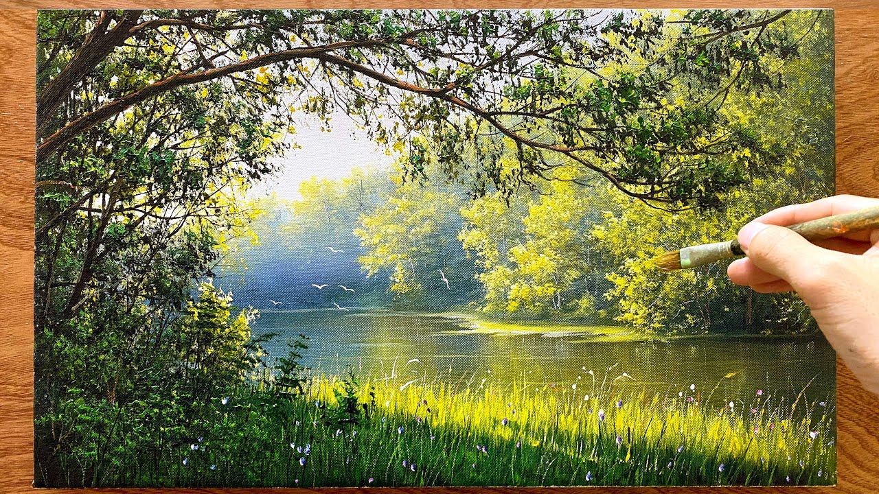 Landscape painting techniques - Acrylic paint / Beautiful lake landscape / A Lu Art.