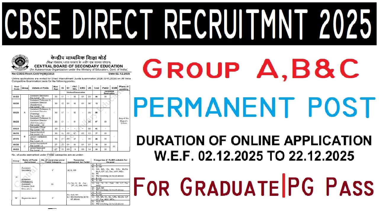 CBSE DELHI NEW DIRECT RECRUITMENT DRIVE 2025 | GROUP A, B & C POST | APPLY ONLINE FROM ANY STATE