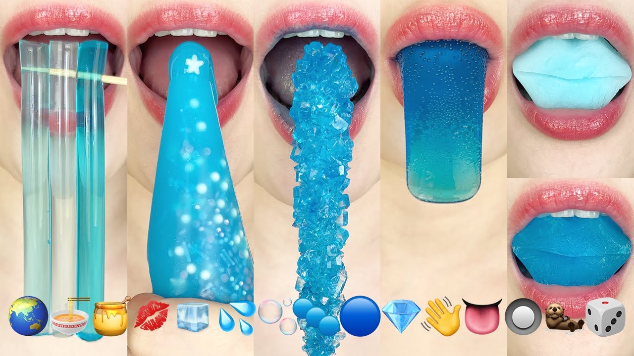 asmr BLUE EMOJI FOOD 🌏🍜🍯💋🧊💦🫧🔵💎👋👅🔘🦦🎲 파란색 이모지 먹방 eating sounds