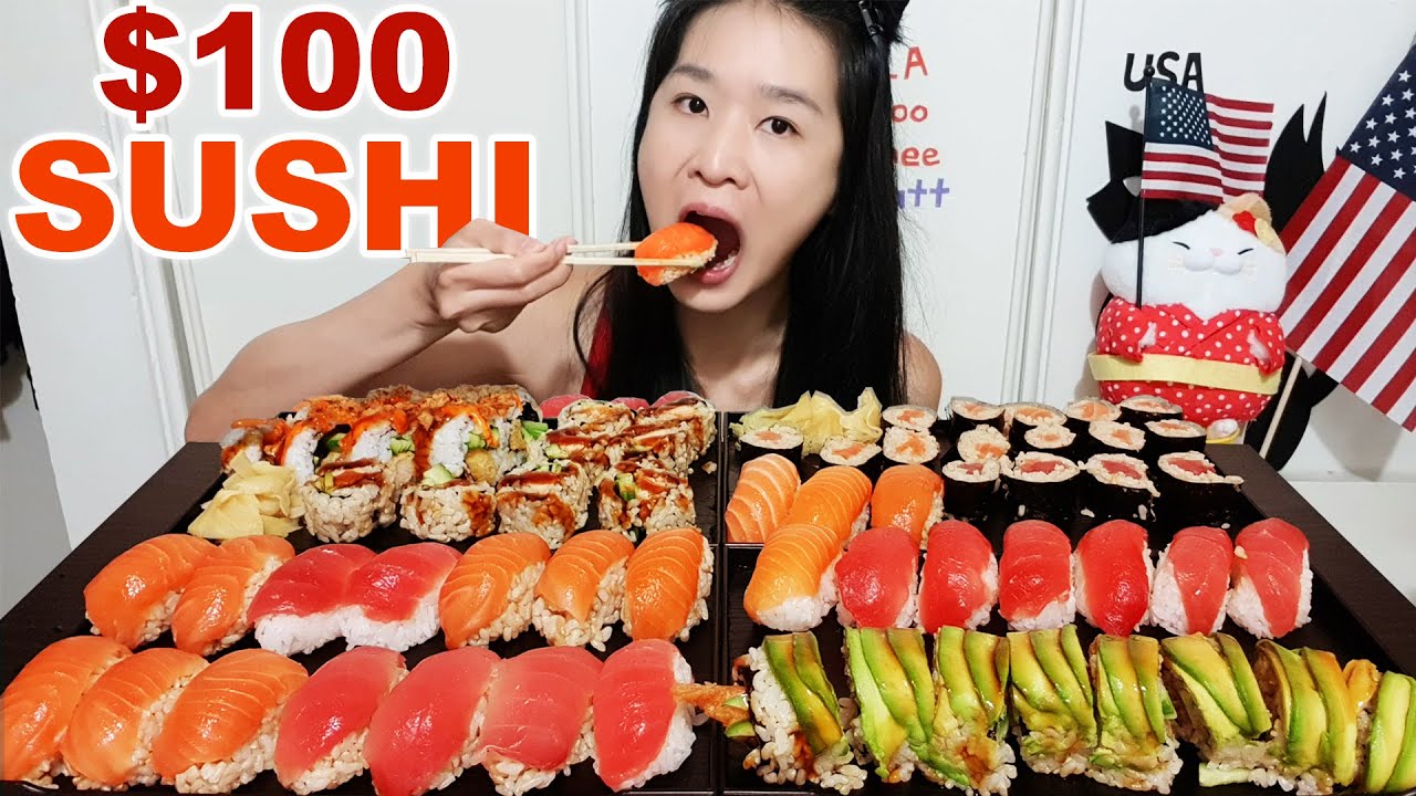 $100 SUSHI FEAST IN USA! Salmon & Tuna Nigiri Rushi, Sushi Roll - Japanese Food Seafood Mukbang Asmr