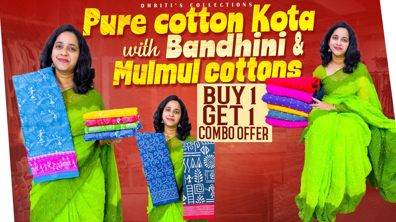 Order 6301119663 mulmulcottons buy one get one combo, ￼pure cotton kota with bandini