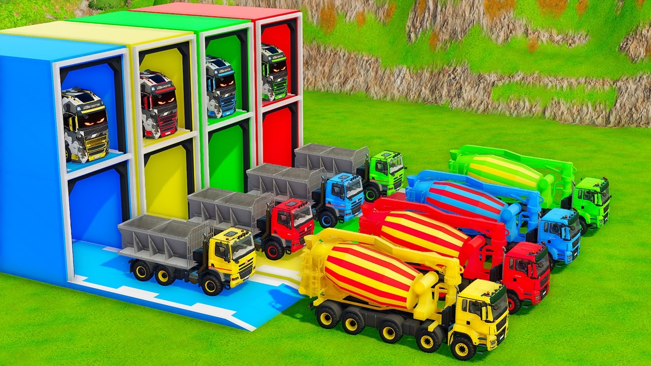Garage with Colors - ALL MIXER TRUCK WITH DOUBLE FLATBED TRAILER TRUCK, LIZARD, PHOENIX, MACK, MAN