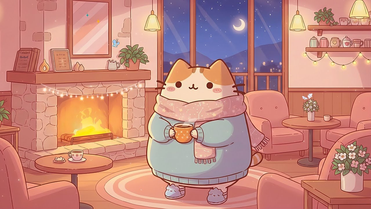 Mochi Cat’s Cozy Café Fireplace Night 🔥 Lofi Café Music ☕️ Cozy Lofi Beats for Relaxing & Sleep