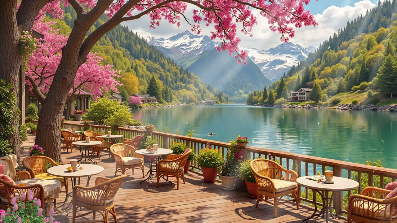 ☕ Spring Morning Lake Café Jazz 🌿 Smooth Jazz Music with Mountain Views for Relax & Fresh Energy