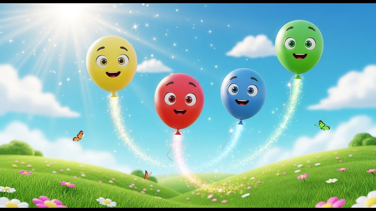 Vier kleine Spielzeugballons schweben hoch | Farben & Fliegen Kinderlied