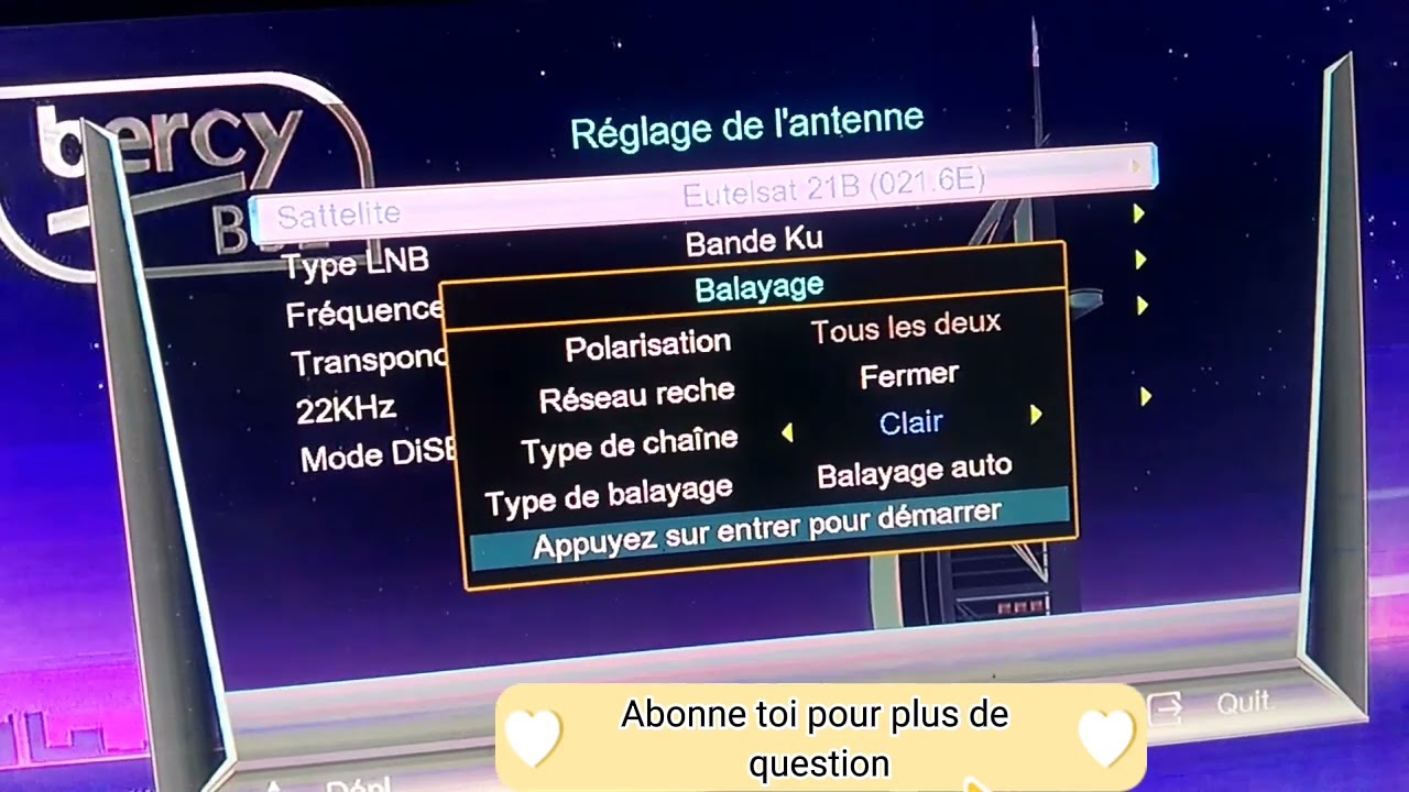comment programmer un décodeur bercy B52 sur la position 16°(Eutelsat 21B(021 6E)