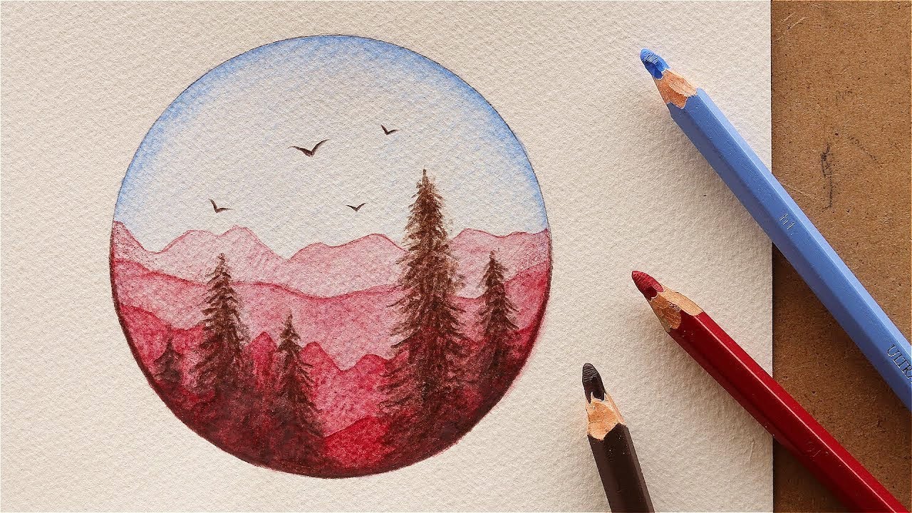 تعليم الرسم بالوان الخشب المائية: كيف ترسم منظر طبيعي سهل بـ 3 الوان فقط