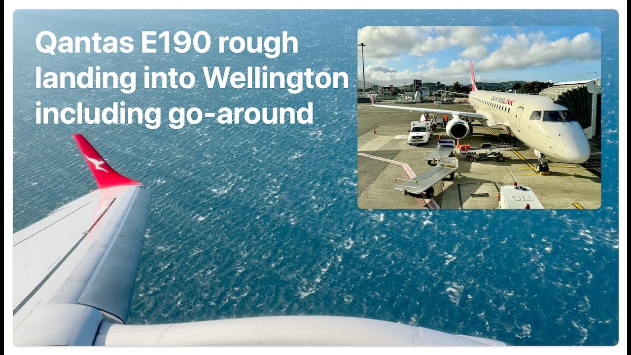 Qantas Link Embraer E190 dramatic windy landing into Wellington airport and go-around!