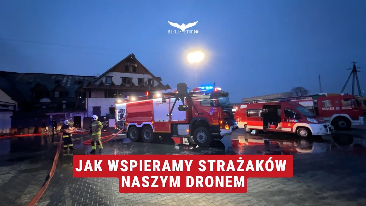 Walka z pożarem przy wsparciu profesjonalnego pilota drona z termowizją / Pożar karczmy
