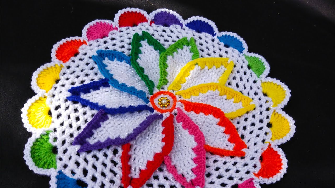 Beautiful Crochet Tablemat, Tablecloth, Doilly, Thalposh, Tablecover रंगीन थालपोश