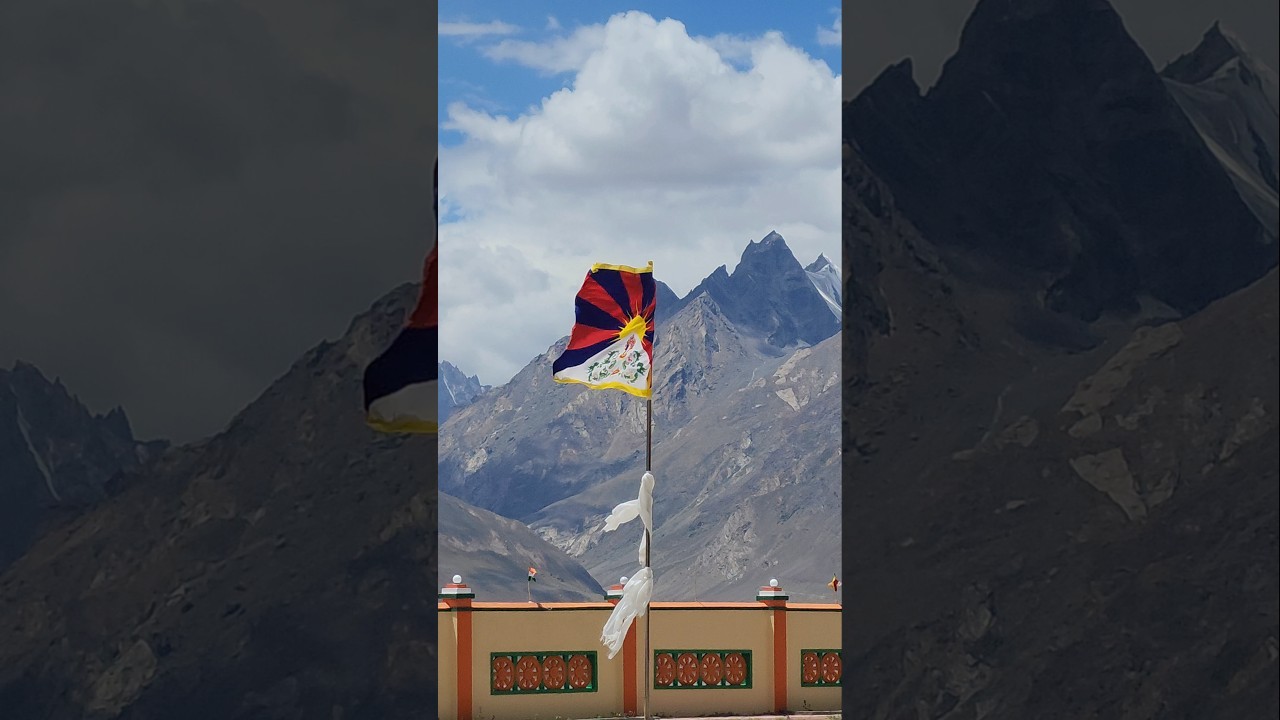 Tibetan Flag waving at new Photang of Karsha Monastery, Padum, Zanskar.