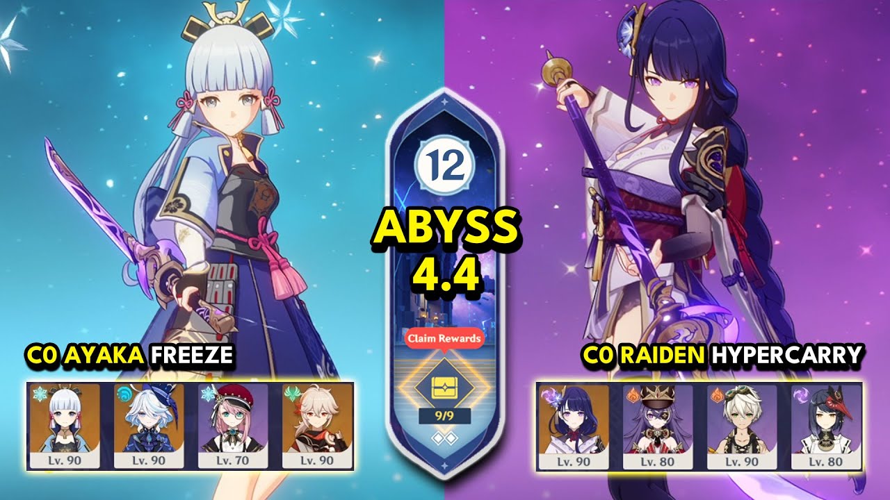 C0 Ayaka Freeze & C0 Raiden Hypercarry | Spiral Abyss 4.4 Floor 12 9 Stars | Genshin Impact 4.4