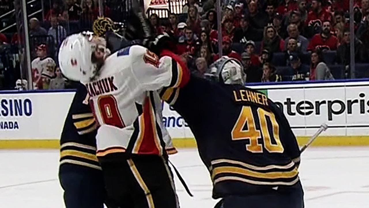 Lehner drops Tkachuk with glove shot after whistle