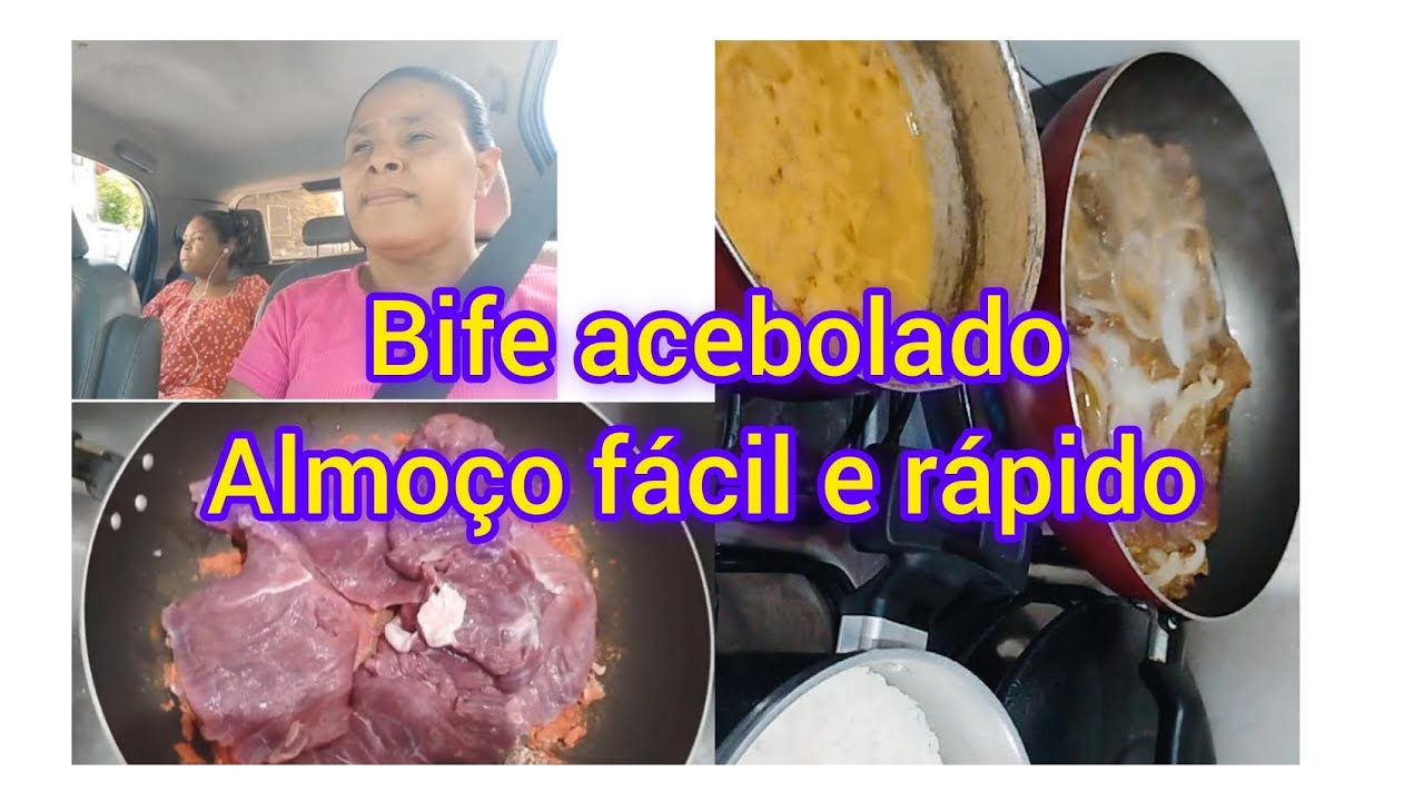 Bife acebolado com arroz branco e feijão 