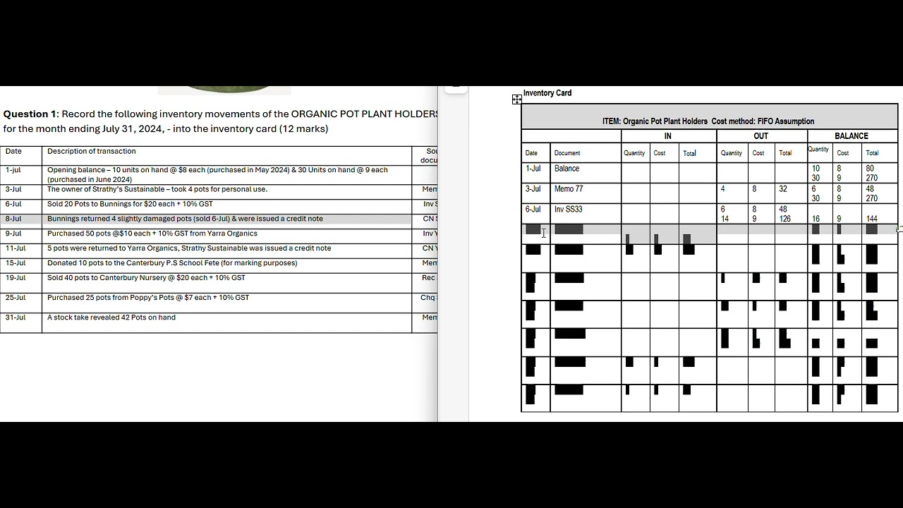 Inventory card recording - FIFO assumption for returns, sales, inventory gain, purchases - VCE Acc