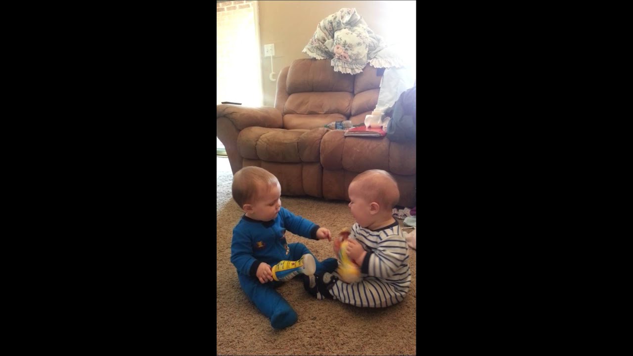 Twin babies have adorable fight
