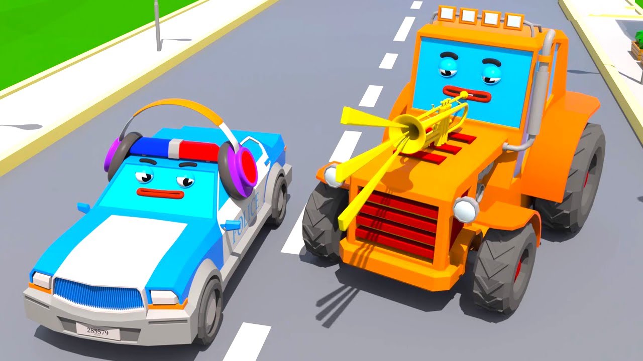 Orange Traktor und Polizeiwagen spielen Trompete | Cars Town - Heller Cartoon Online für Kinder
