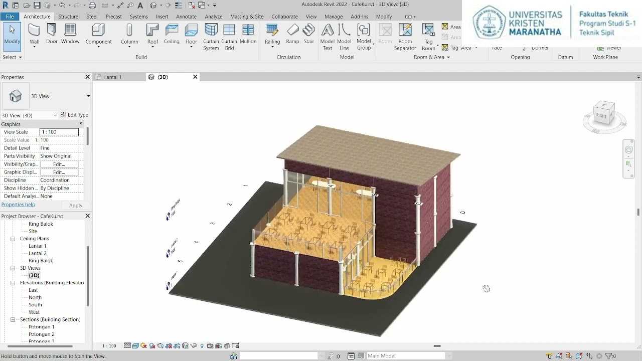 Project Cafe | Tutorial Revit Membuah Denah, 3D camera, Rendering, dan Walkthrough by Chandra K. T.
