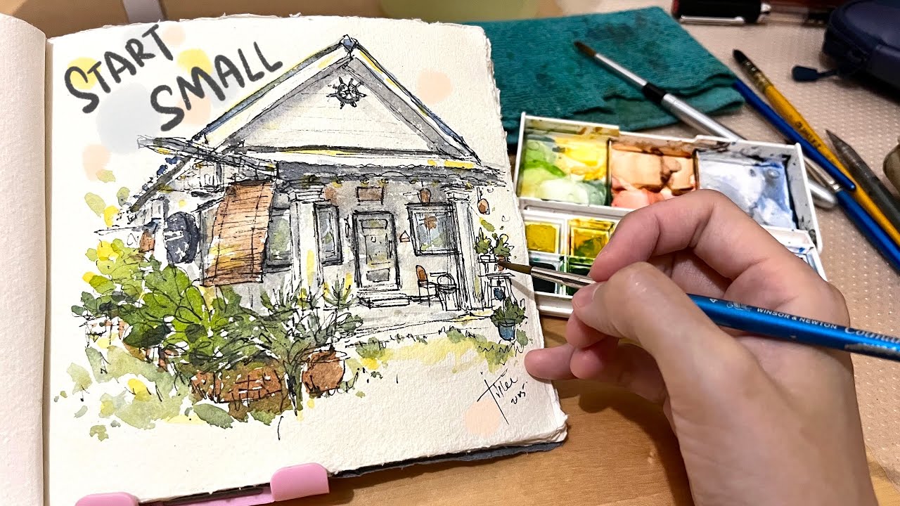Loose ink and watercolor sketching Basics | A café by the sea