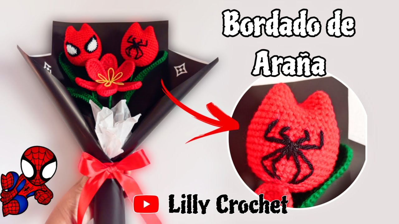 Bordado de ARAÑA 🕷️ en tulipanes a Crochet. SPIDER RAMO❤️