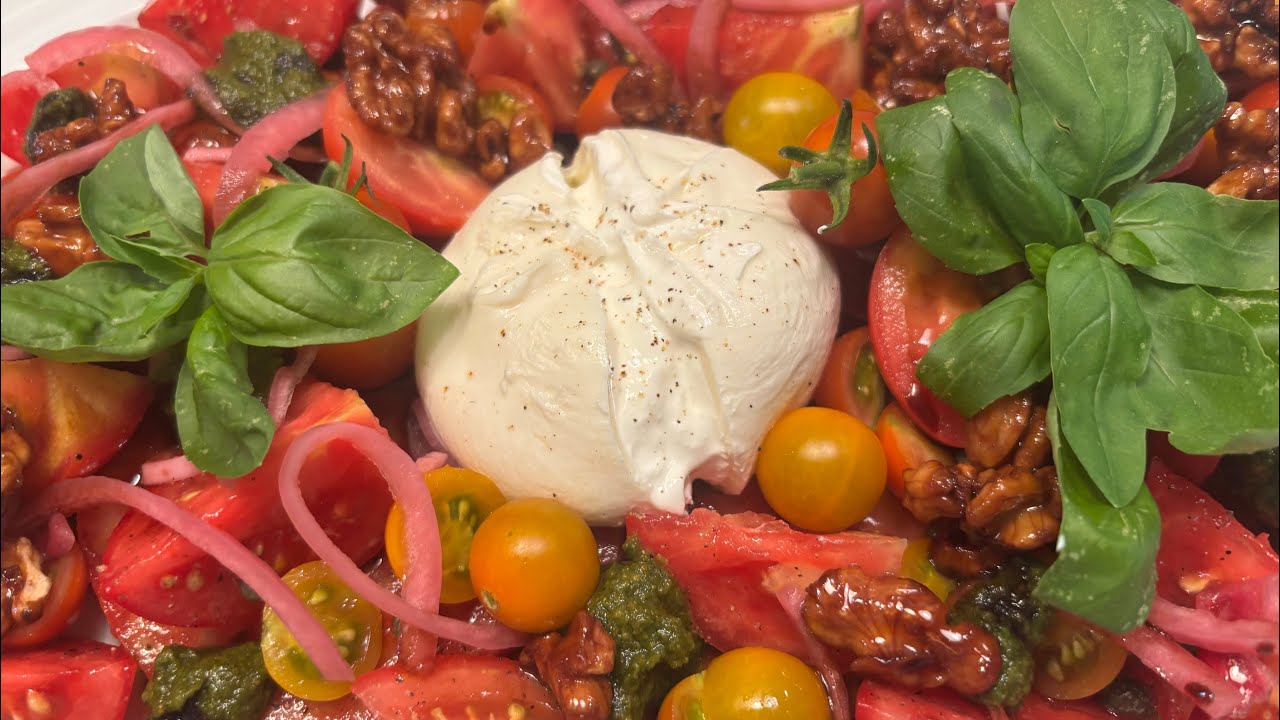 Tomato Salad with Pesto and Burrata Cheese