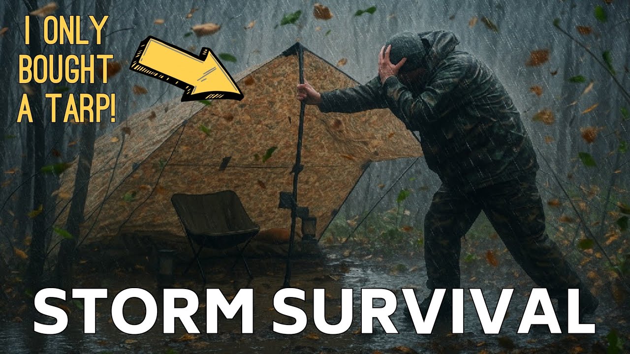 TRAPPED in the Woods During a Storm, Heavy Rain & Wind Batter my Tarp Tent Shelter