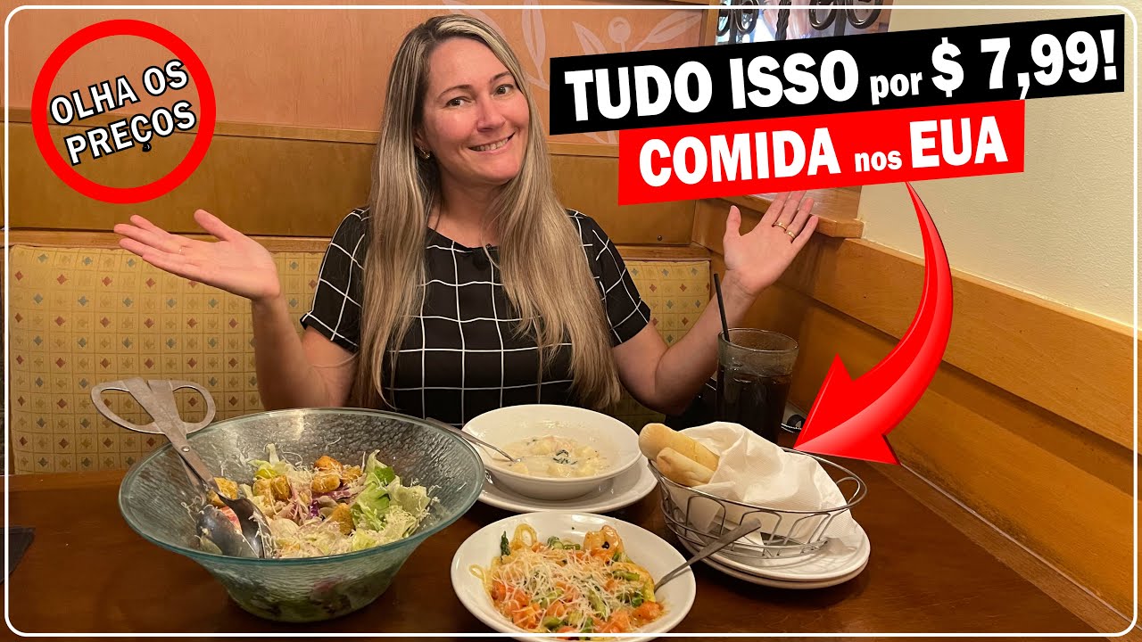 Comida TOP com PREÇO de FAST FOOD nos EUA | PREÇOS do MENU PROMOCIONAL do OLIVE GARDEN ORLANDO